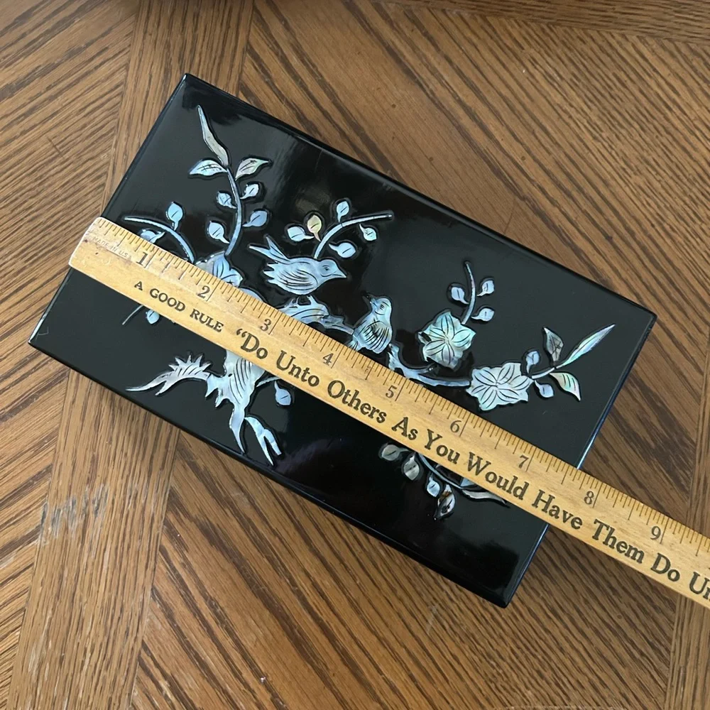 Vintage Asian Black Lacquer Inlay Mother of Pearl Bird Scene Jewelry Box